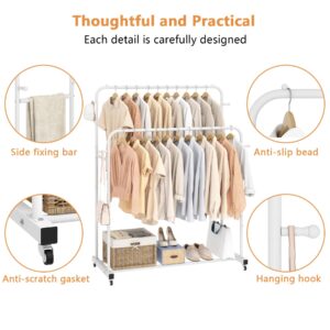 Laiensia Double Rods Garment Rack with Wheels, Clothing Rack for Hanging Clothes,4 Hooks, Multi-functional Bedroom Clothes Rack, White