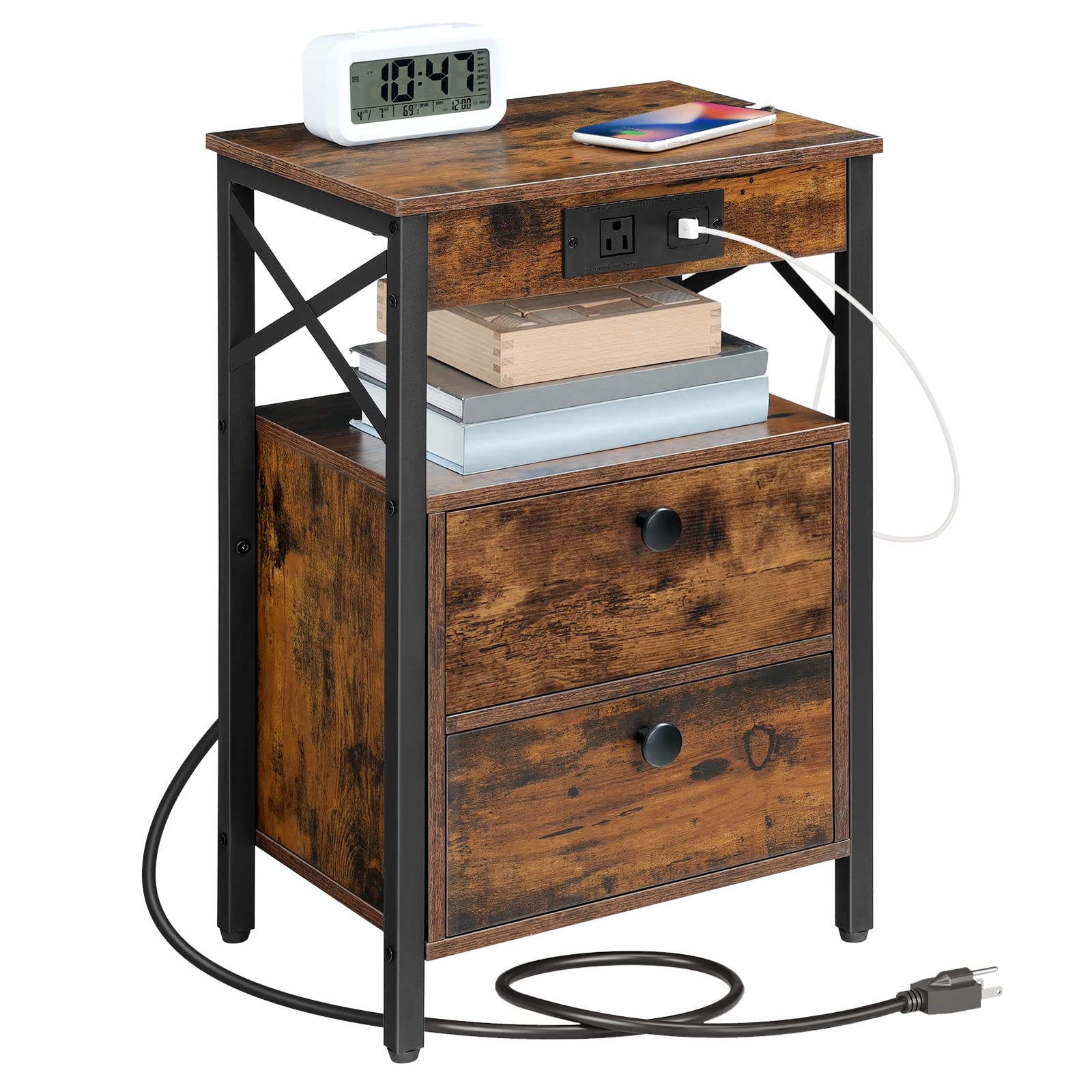 HOOBRO Nightstand with Charging Station, End Table with 2 Drawer, Sofa Side Table with USB Port, Multi-Level Storage Space, for Bedroom, Adjustable Feet, Stable, Rustic Brown and Black BF138UBZ01