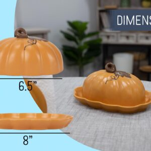 Nat & Jules Pumpkin Shaped 8 x 6 Inch Ceramic Scalloped Covered Lid Butter Dish: Perfect for decorating table settings for Thanksgiving, Halloween & Indoor Fall Décor, Orange