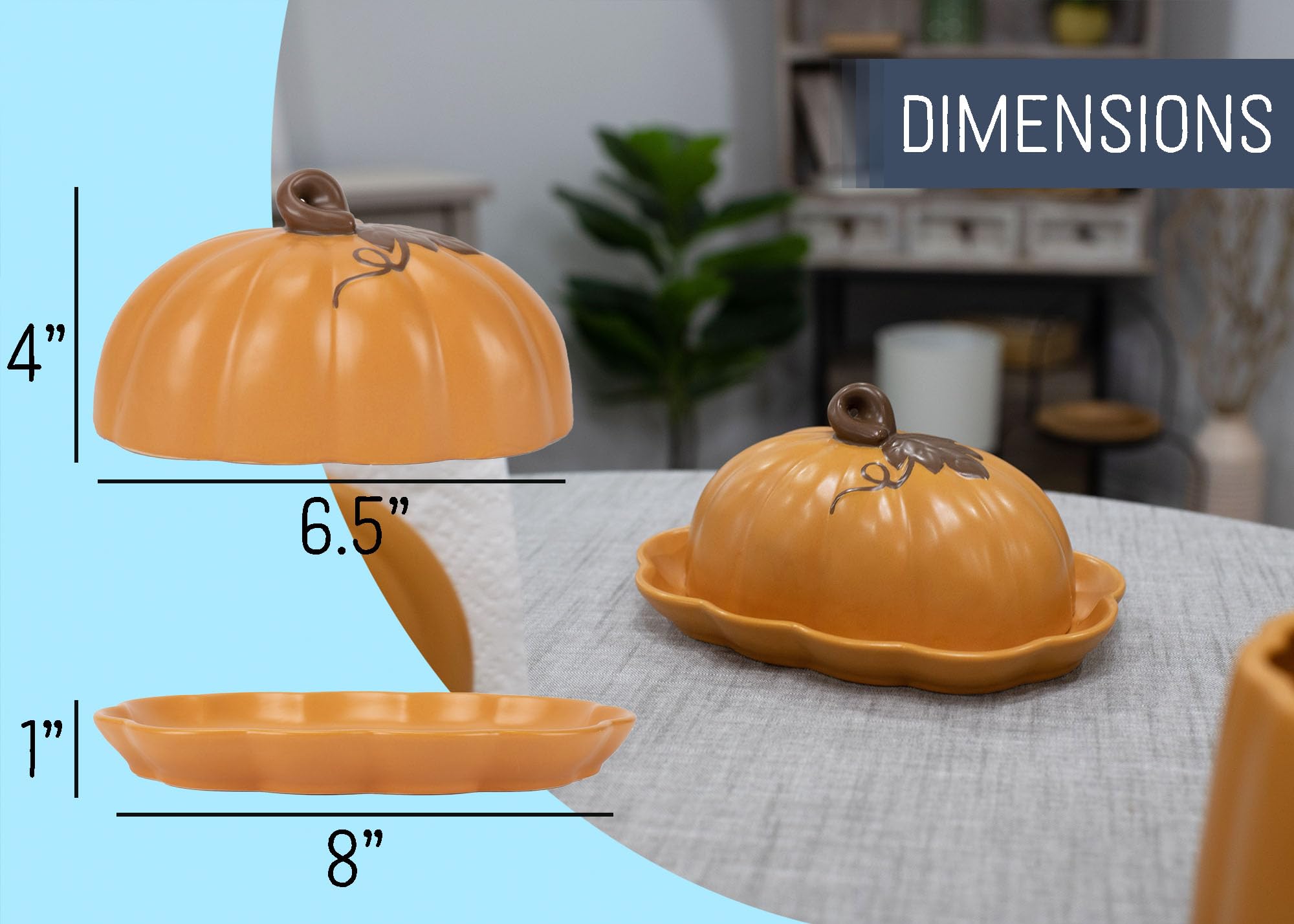 Nat & Jules Pumpkin Shaped 8 x 6 Inch Ceramic Scalloped Covered Lid Butter Dish: Perfect for decorating table settings for Thanksgiving, Halloween & Indoor Fall Décor, Orange