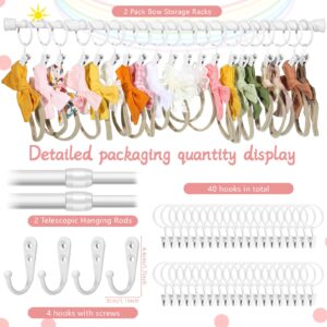 Ferraycle Wall Hanging Bow Holder with Hooks Hair Bow Holder Organizer for Girls Hanger Headband Storage Organizer Include Metal Bow Hanger 16-23.6 Inch Rods Wall Hooks(White,46 Pcs)