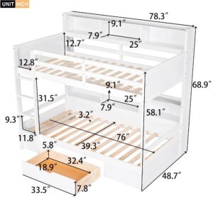 Harper & Bright Designs Bunk Bed Twin Over Twin with Storage,Wood Twin Bunk Beds with Built-in Shelves Beside Both Upper & Down Bed,Multi Storage Bunk Beds with Drawer for Kids Girls Boys,White