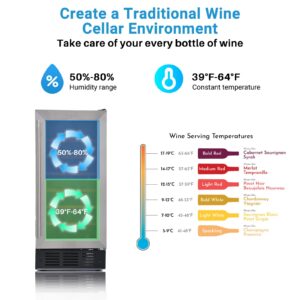 Techomey 15 Inch Wine Fridge Under Counter 31 Bottle, Upgraded Built in Wine Cooler Refrigerator for Home Freestanding with Digital Thermostat, Glass Door, Stainless Steel, Black