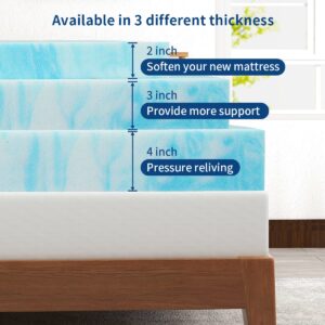 IULULU Mattress Topper, 4 Inch Queen Size Gel Memory Foam Bed Topper, Pressure Relief, CertiPUR-US Certified, Light Blue