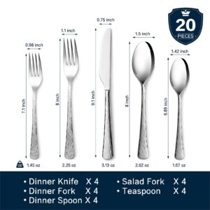 KINGSTONE Hammered Silverware Set, Flatware Set, 18/10 Stainless Steel Premium Cutlery with Unique Ripple Handles Design Mirror Polished - Dishwasher Safe (20-Piece)