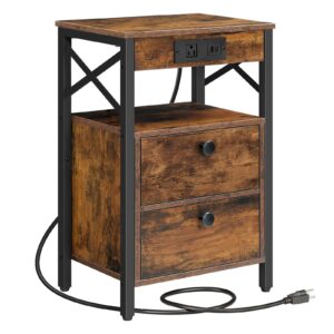 hoobro nightstand with charging station, end table with 2 drawer, sofa side table with usb port, multi-level storage space, for bedroom, adjustable feet, stable, rustic brown and black bf138ubz01