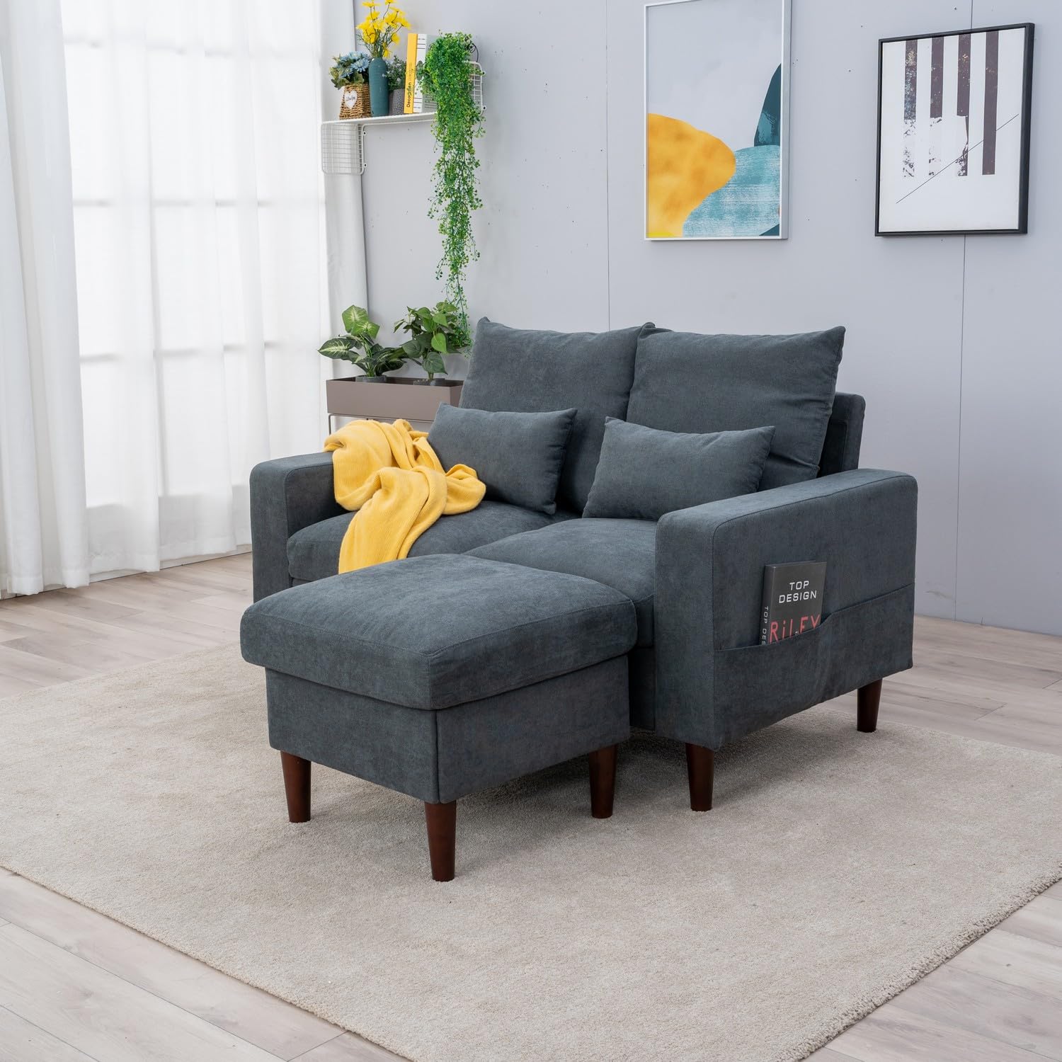 Panana Sectional Sofa Couches L Shaped Loveseat with Ottoman Footstool Linen Fabric Love Seat Sofa with Reversible Chaise for Small Apartment