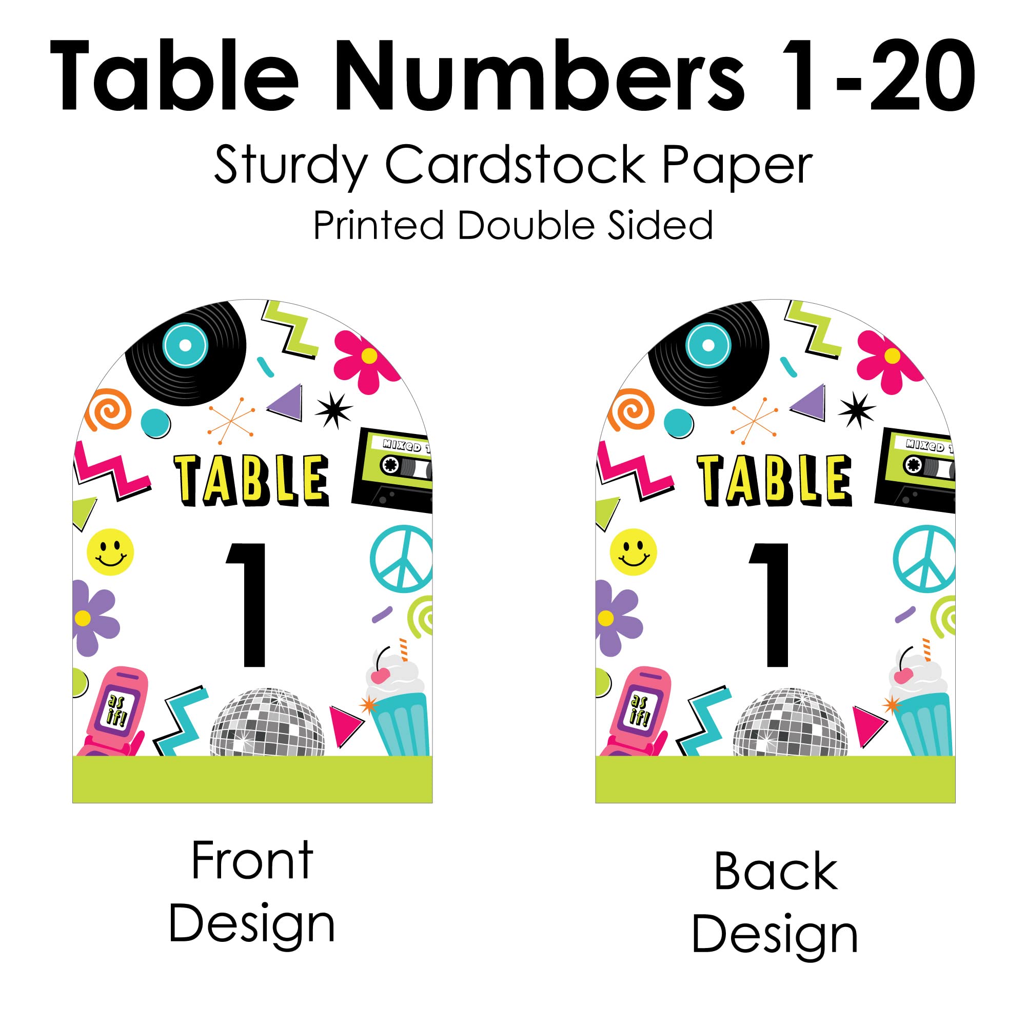 Big Dot of Happiness Through the Decades - 50s, 60s, 70s, 80s, and 90s Party Double-Sided 5 x 7 inches Cards - Table Numbers - 1-20