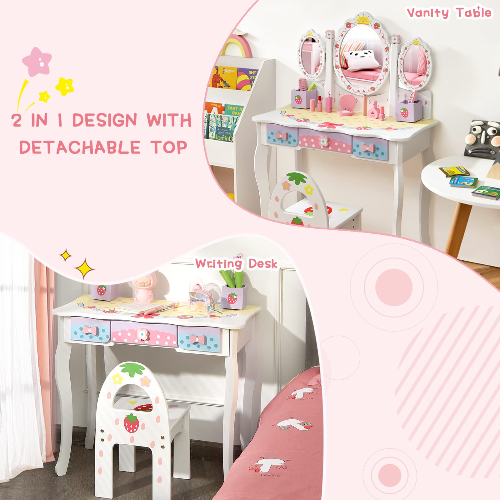 MAT EXPERT Kids Vanity with Stool & Mirror, Pretend Dresser Playset w/Tri-Folding Oval Mirror & 3 Drawers, Toddler Vanity w/Detachable Top, 2 in 1 Princess Makeup Dressing Table w/5 Accessories