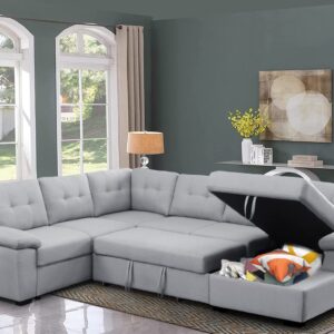 Sleeper Sofa Couch Bed with Pull Out Couch Living Room Set Sectional Sleeper Sofa with Storage Chaise Modular Couch Fabric Sofa Bed in Grey