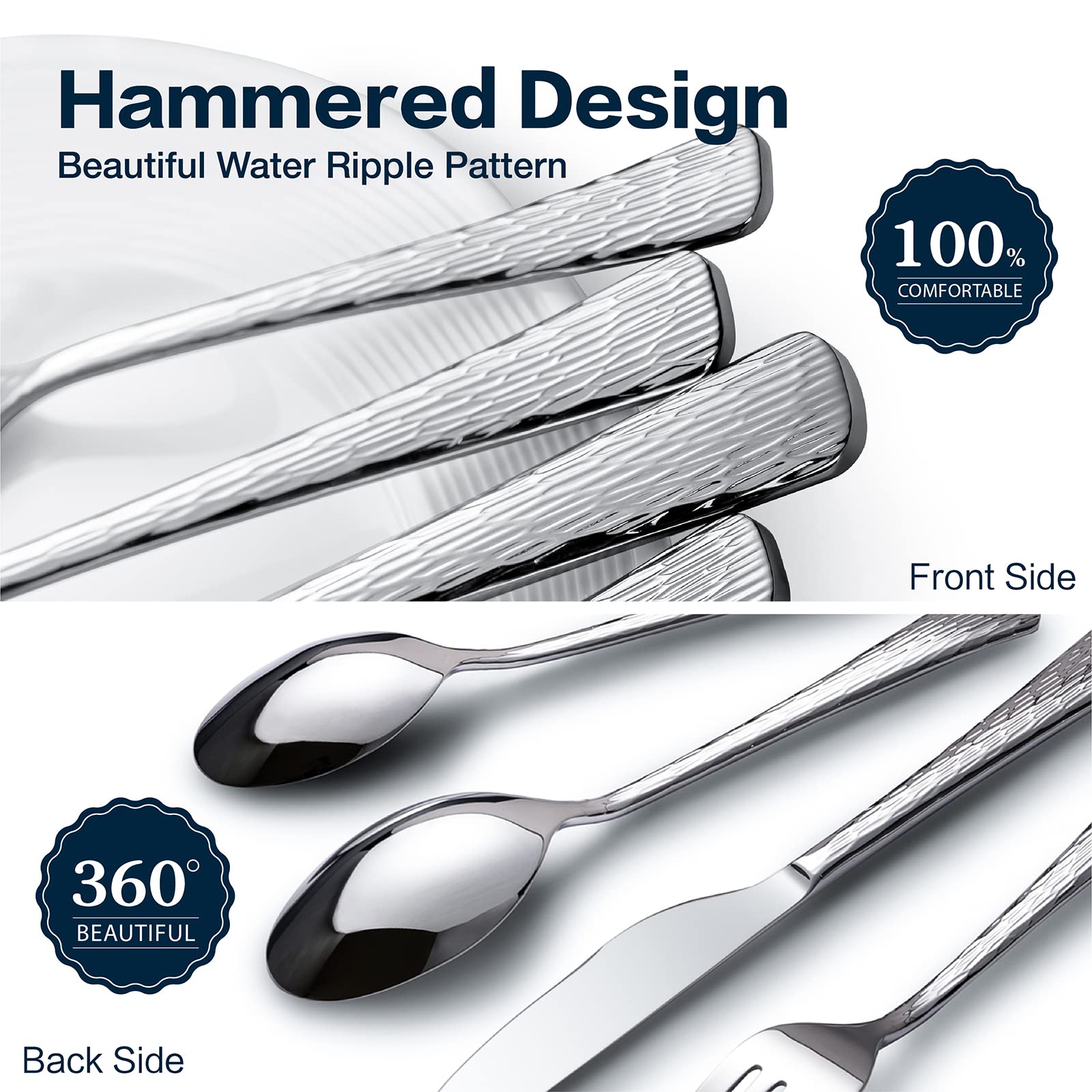 KINGSTONE Hammered Silverware Set, Flatware Set, 18/10 Stainless Steel Premium Cutlery with Unique Ripple Handles Design Mirror Polished - Dishwasher Safe (20-Piece)