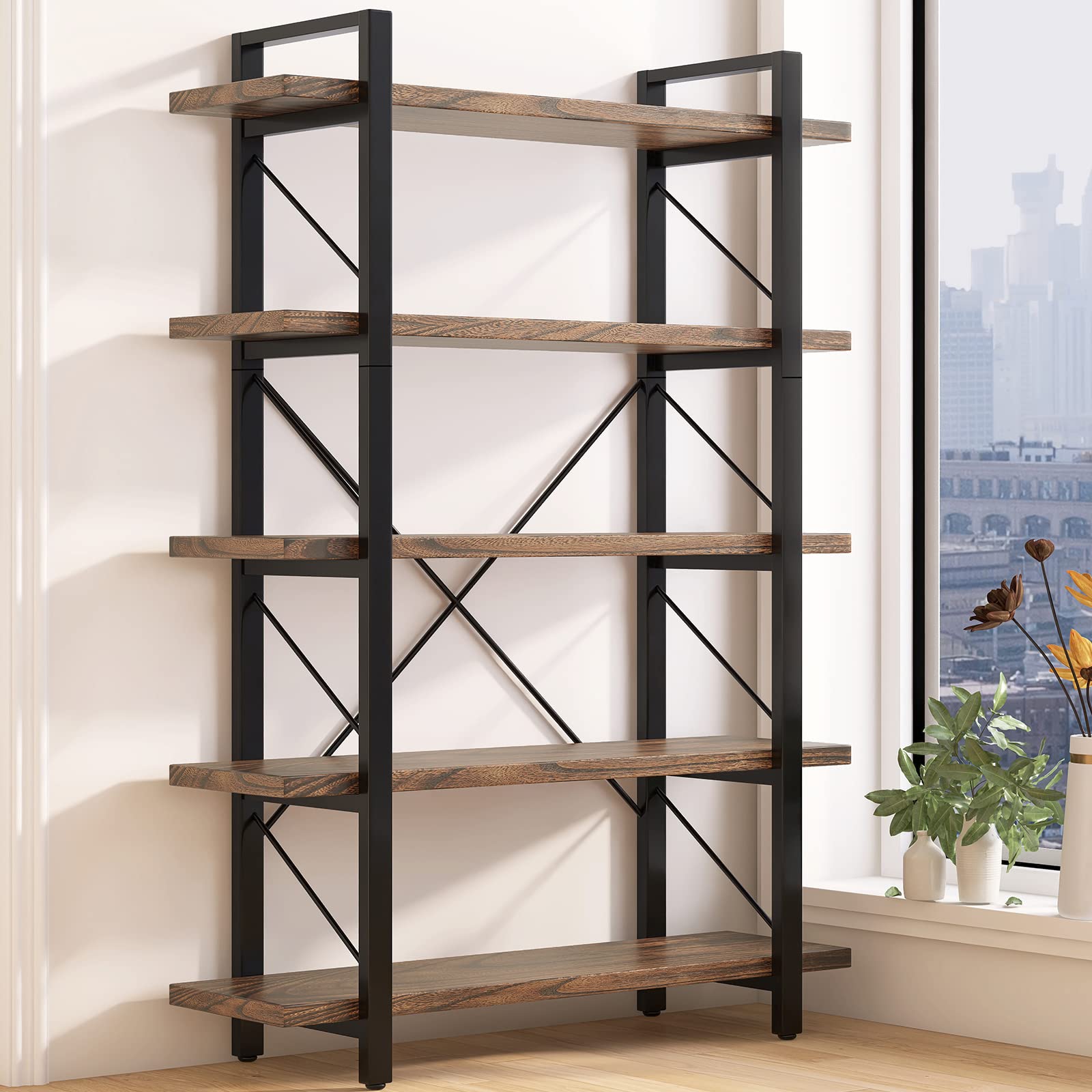 LZ-DONGMAN 5-Tier Bookshelf Large Etagere Book Shelves,Industrial Style Bookcase and Book Shelves,Open Large Real Wood Bookshelfs,Retro Brown for Living Room Office, Retro Brown (LZ01-5tier-PLUS)