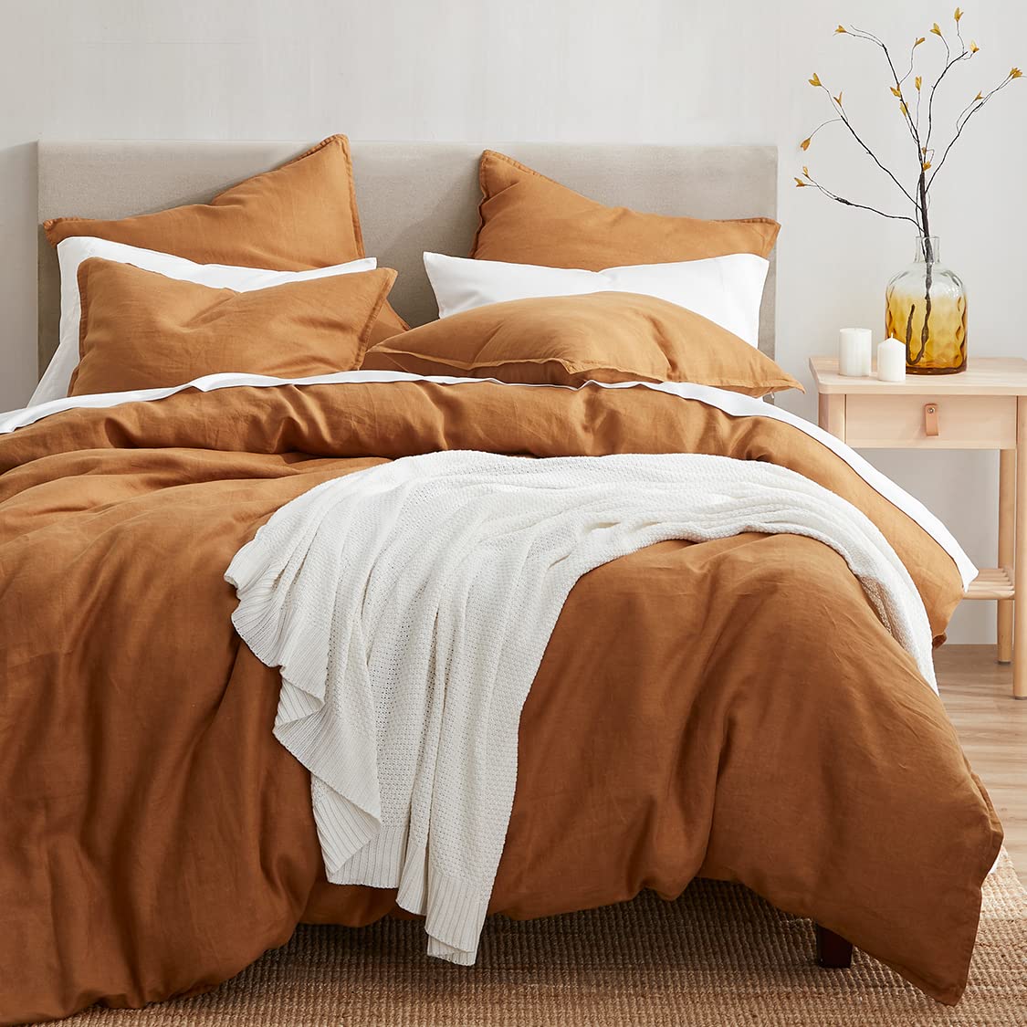 HiEnd Accents Linen Duvet Cover Set 100% French Flax Linen Duvet Covers King, Orange Caramel Solid Color Breathable Durable Cooling Linen Bedding Set with 1 Linen Comforter Cover and 2 Shams