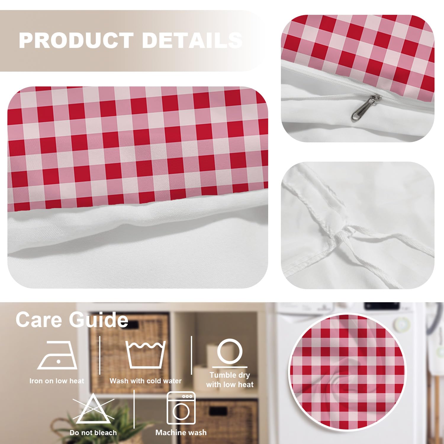 BaoNews Red White Gingham Duvet Cover Set Twin Size,3 Pieces Square Red Tablecloth Plaid Blanket Bedding Set Hotel Quality 100% Cotton Comforter Cover Set with 2 Pillowcases(No Filler)