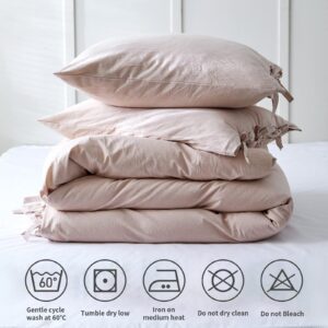 BISELINA 100% Washed Cotton Duvet Cover Set 3pcs with Bowknot Ties Strap Solid Color Linen Like Textured Durable Breathable Soft Comfy Chic Bedding (King, Pale Pink)