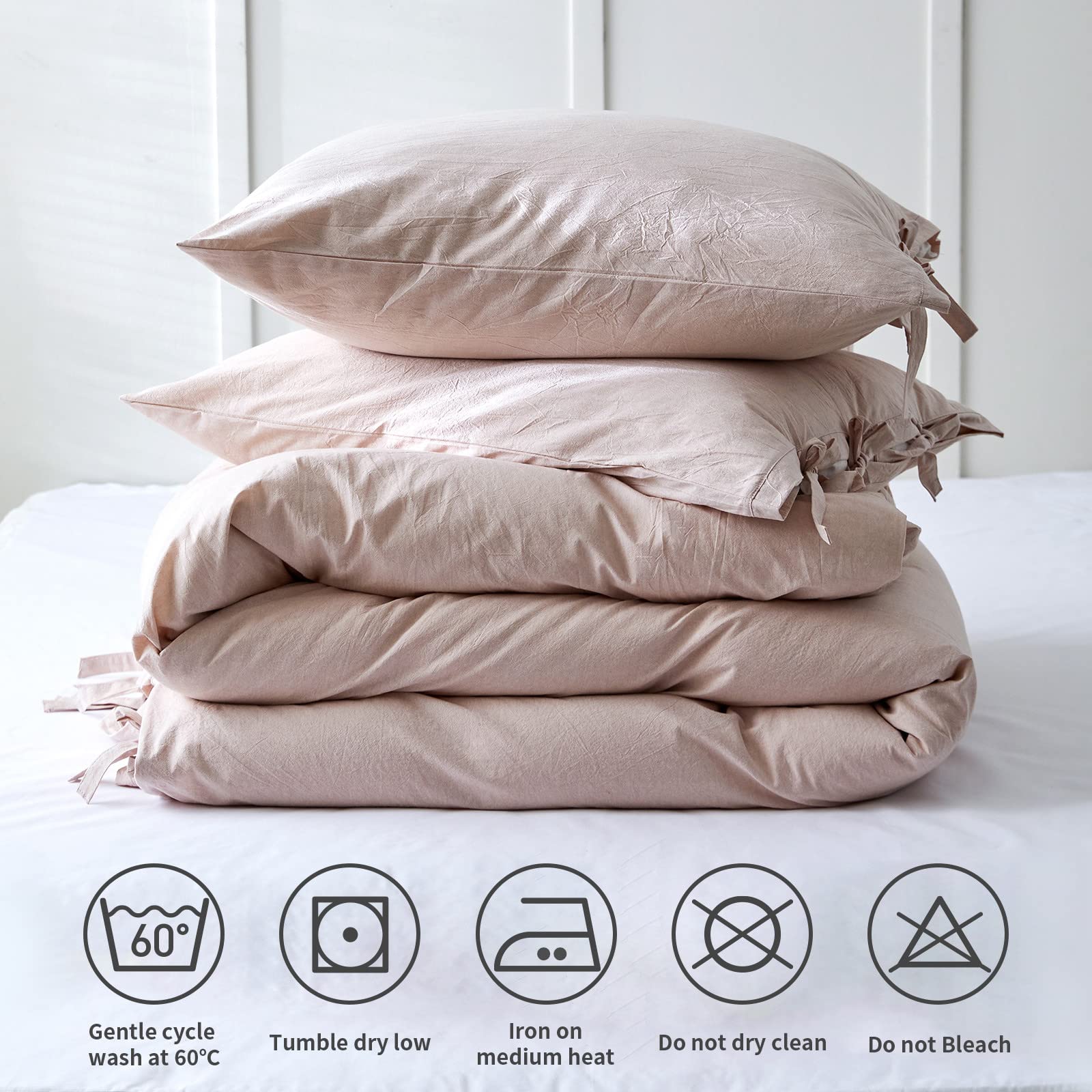 BISELINA 100% Washed Cotton Duvet Cover Set 3pcs with Bowknot Ties Strap Solid Color Linen Like Textured Durable Breathable Soft Comfy Chic Bedding (King, Pale Pink)