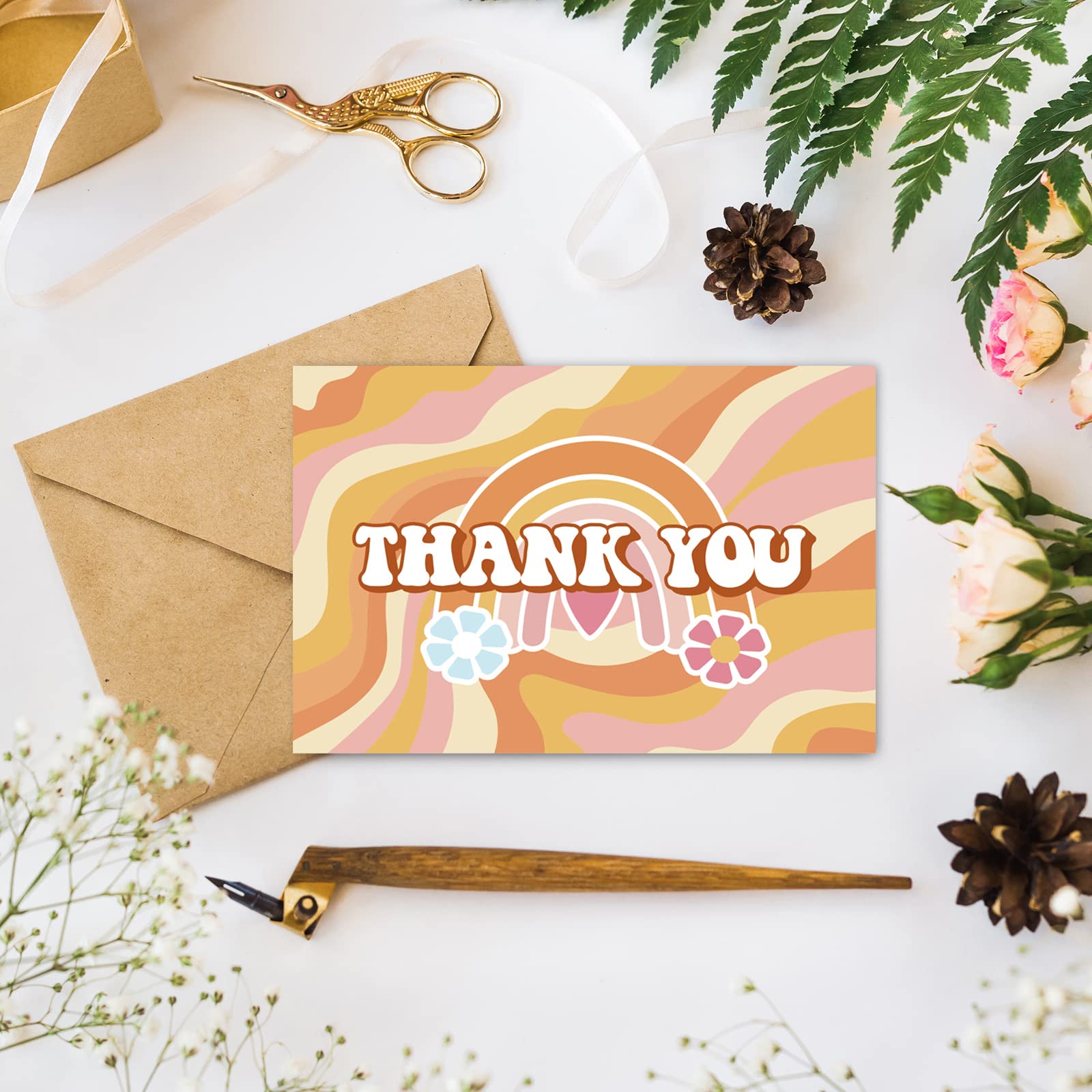 Whaline 36Pcs Groovy Retro Hippie Thank You Cards Thanksgiving Boho Floral Greeting Cards with Envelops and Stickers Rainbow Flower Note Card for Birthday Wedding Bridal Shower Party Decor, 4 x 6inch