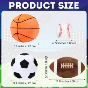 Sratte 4 Pcs Stuffed Sports Pillows Toy Set, Soft Plush Basketball Soccer Ball Football Baseball Pillow Sports Shaped Throw Pillows Cute Cushion Pillow for Room Bedroom Decor Indoor Gifts