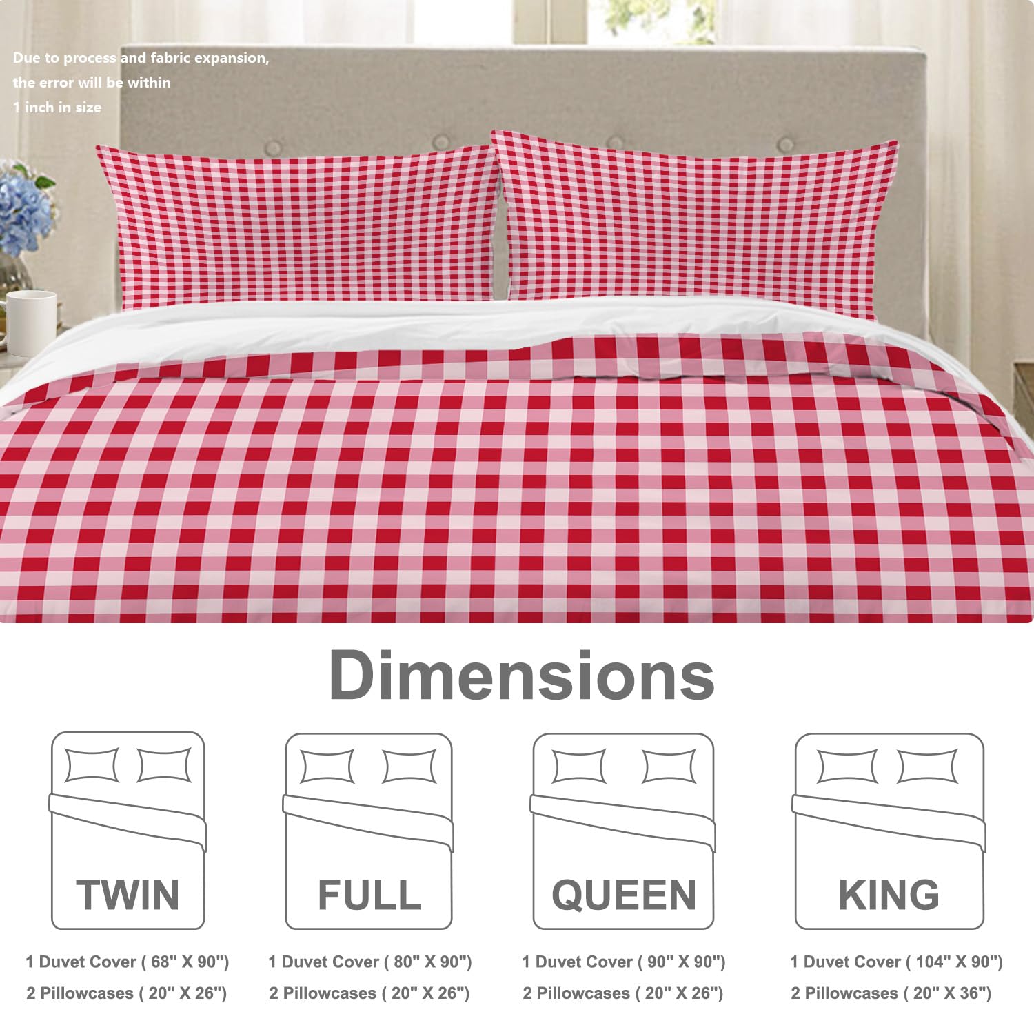 BaoNews Red White Gingham Duvet Cover Set Twin Size,3 Pieces Square Red Tablecloth Plaid Blanket Bedding Set Hotel Quality 100% Cotton Comforter Cover Set with 2 Pillowcases(No Filler)