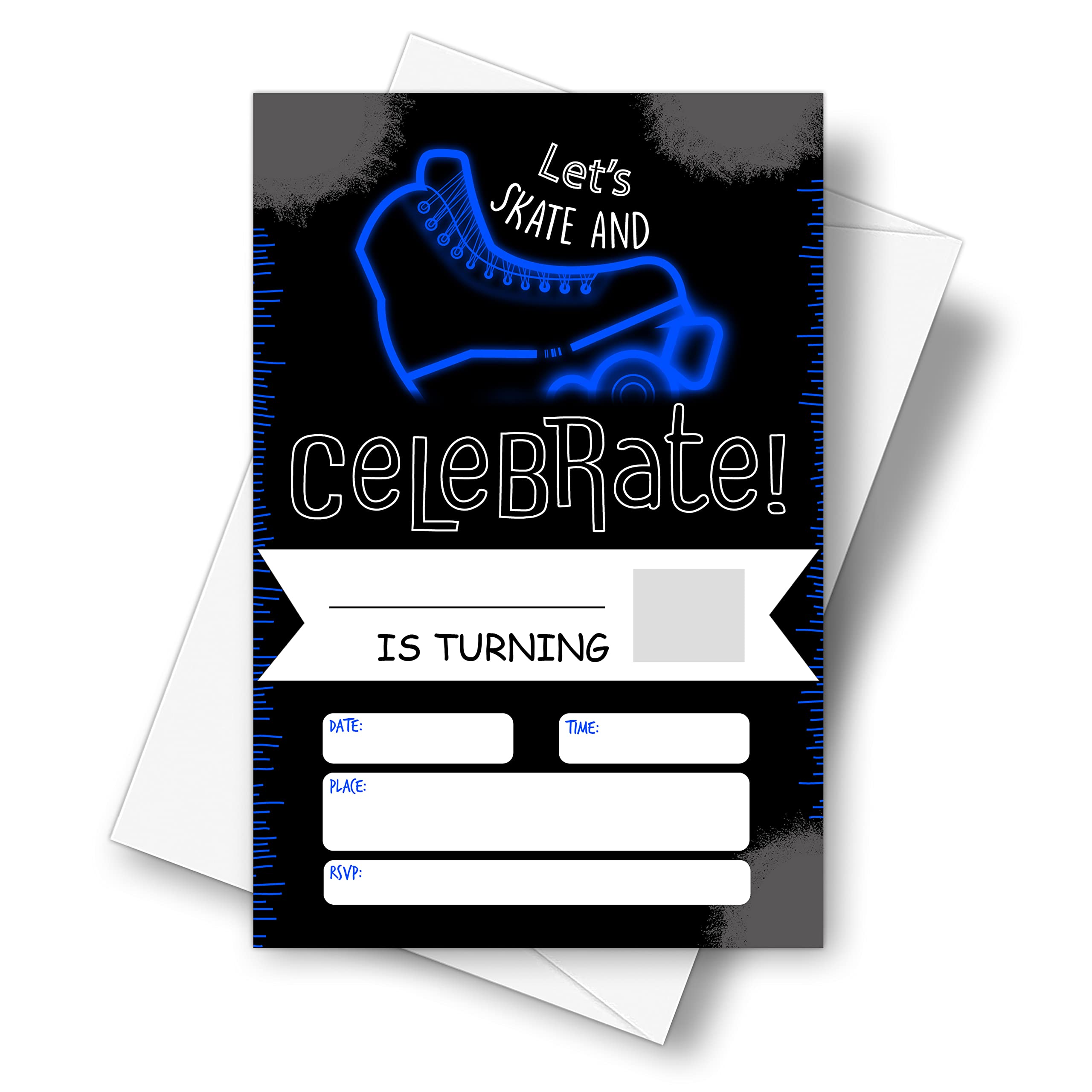 DETIHO 4" x 6" Blue Roller Skating Skating Theme Birthday Party Invitation Cards With Envelopes - Let's Skate and Celebrate - Neon Glow Skating Party Invitation - 20 Sets - E43