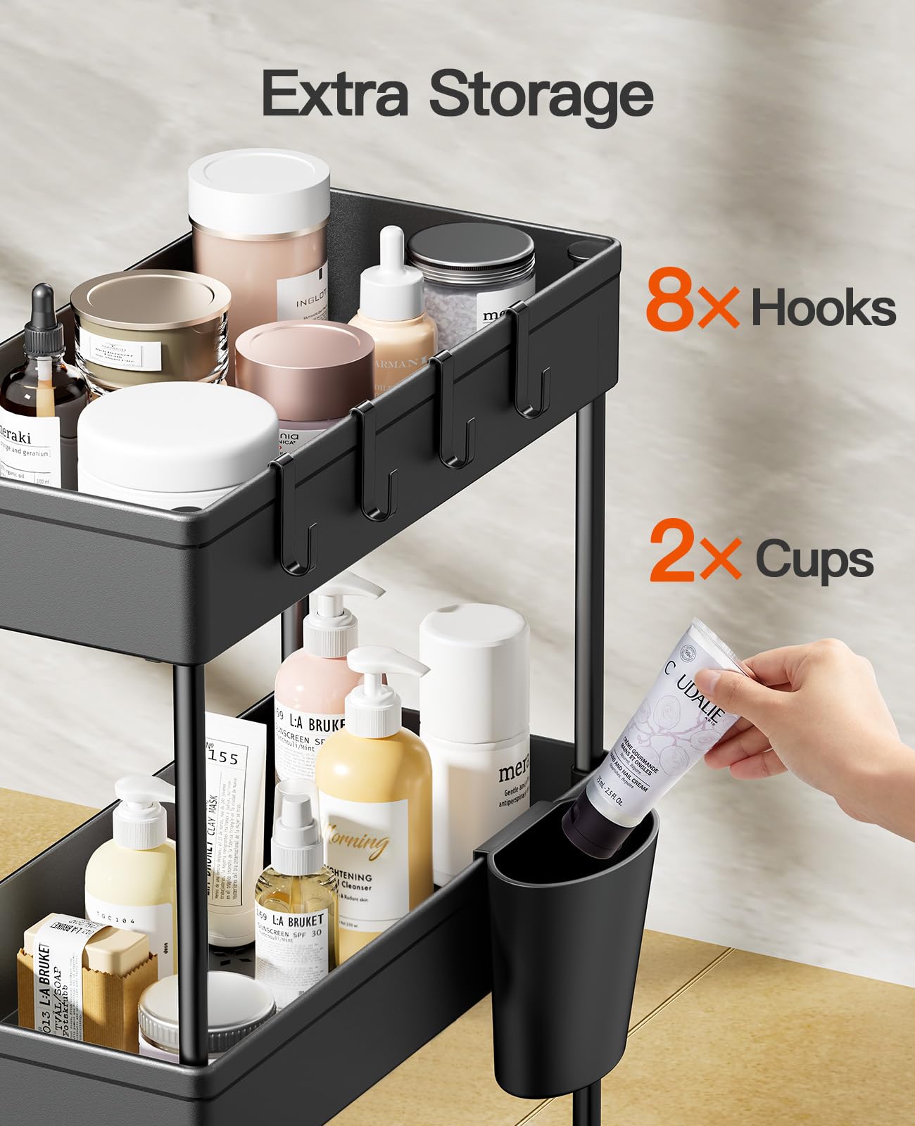 Pipishell Bathroom Cart, 2 Pack Slim Storage Cart Bathroom Organizer with Hanging Cups & Hooks, Bathroom Storage Rolling Cart for Bathroom, Laundry Room, Kitchen, Set of 2, PIUC07BK2