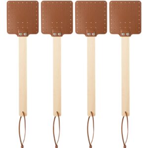 4 pieces 17.3 inch heavy duty fly swatter leather fly swatter long fly swatter manual fly swatter wood handle rustic bug swatter for flies bees mosquitoes outdoor indoor garden supplies (brown)