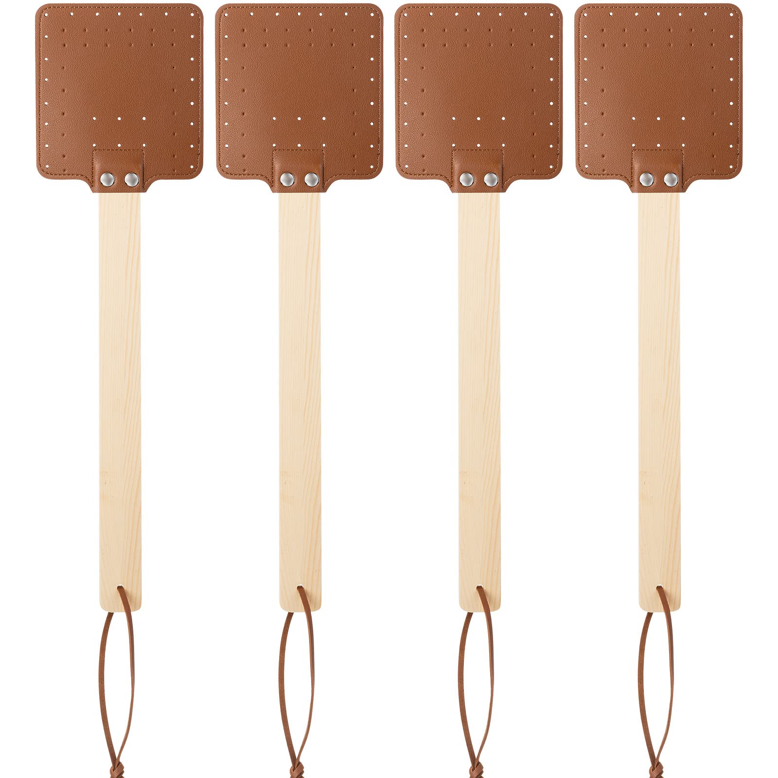 4 Pieces 17.3 Inch Heavy Duty Fly Swatter Leather Fly Swatter Long Fly Swatter Manual Fly Swatter Wood Handle Rustic Bug Swatter for Flies Bees Mosquitoes Outdoor Indoor Garden Supplies (Brown)