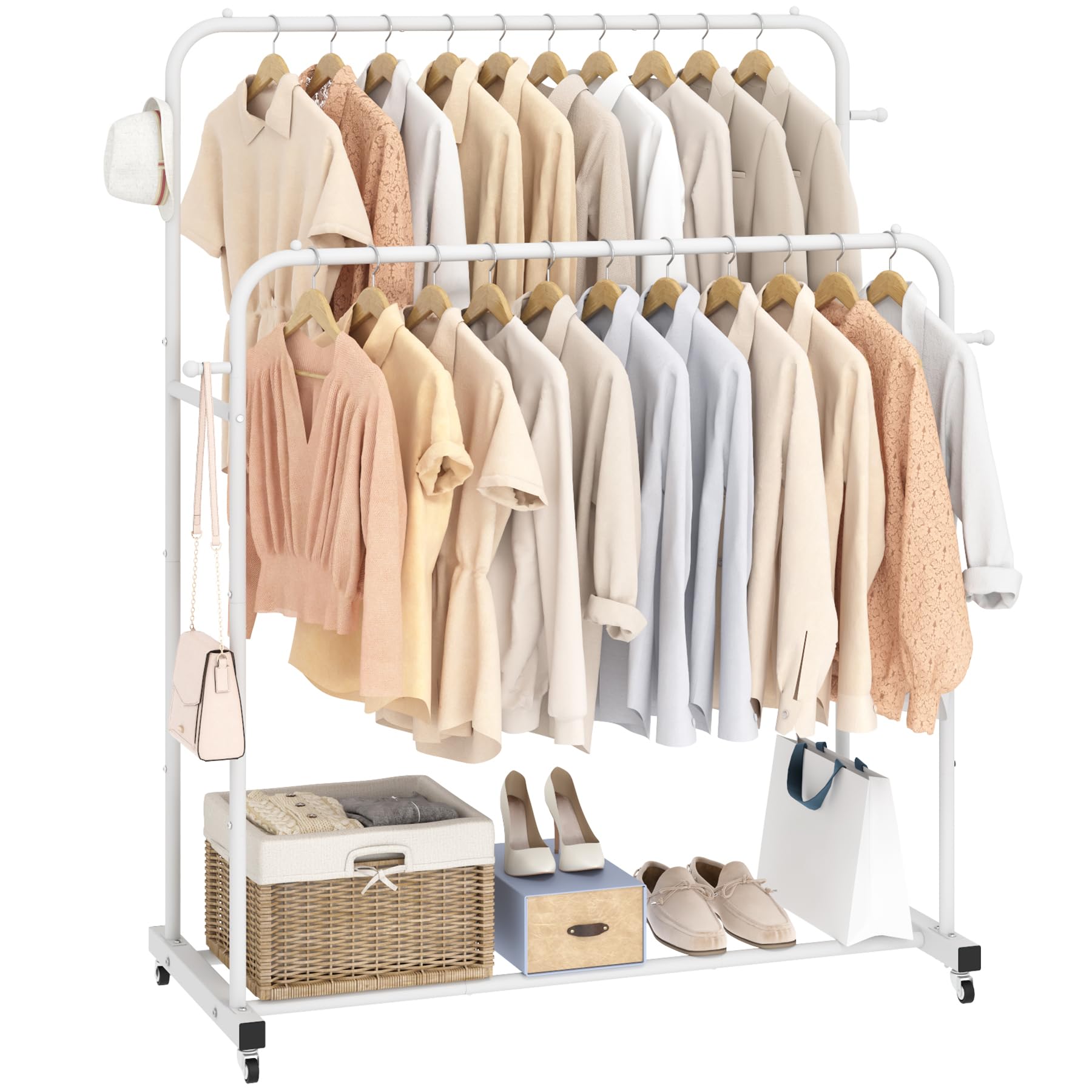 Laiensia Double Rods Garment Rack with Wheels, Clothing Rack for Hanging Clothes,4 Hooks, Multi-functional Bedroom Clothes Rack, White