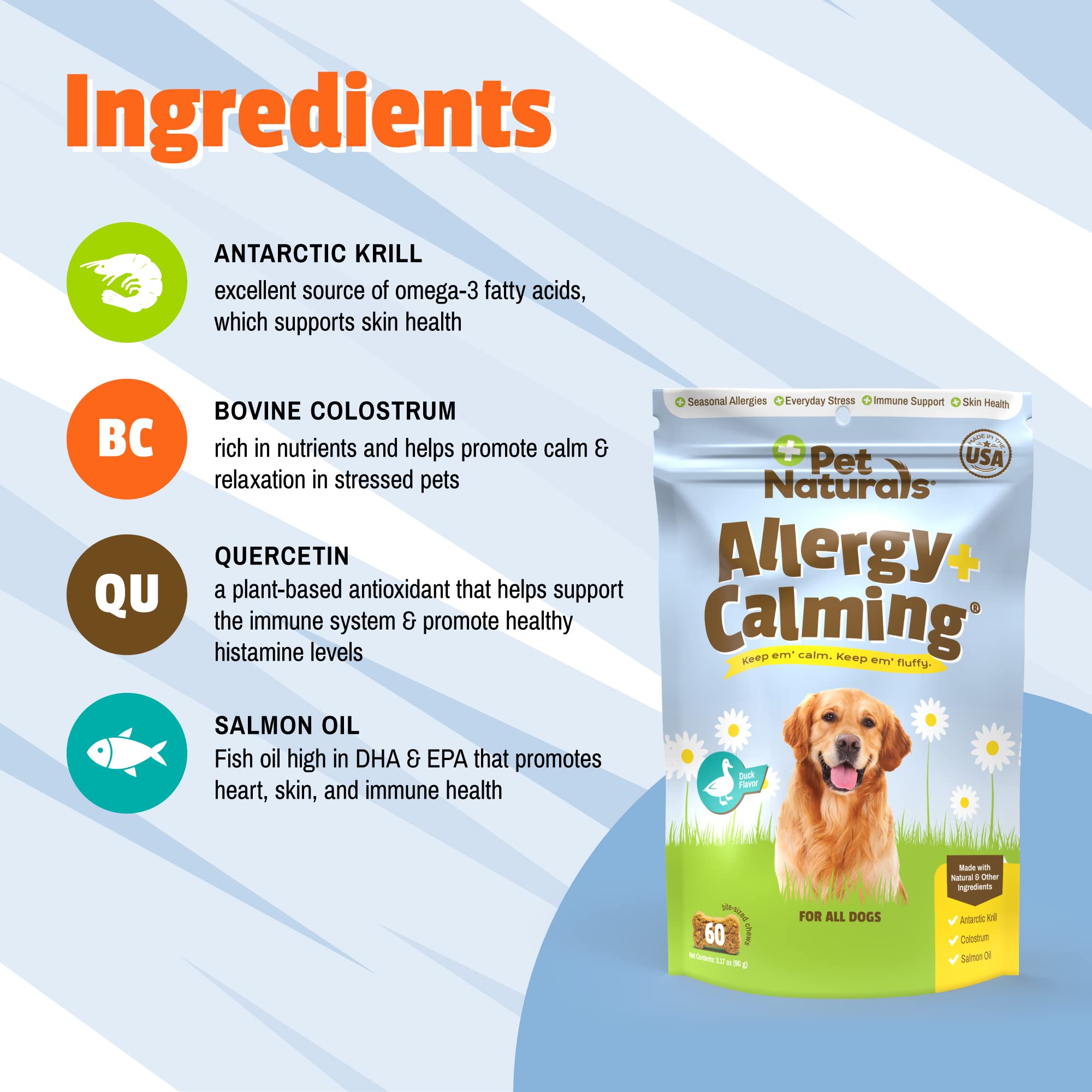 Pet Naturals Allergy Plus Calming Supplement for Dogs, Soft Chew, Duck Flavor, 60 Ct.