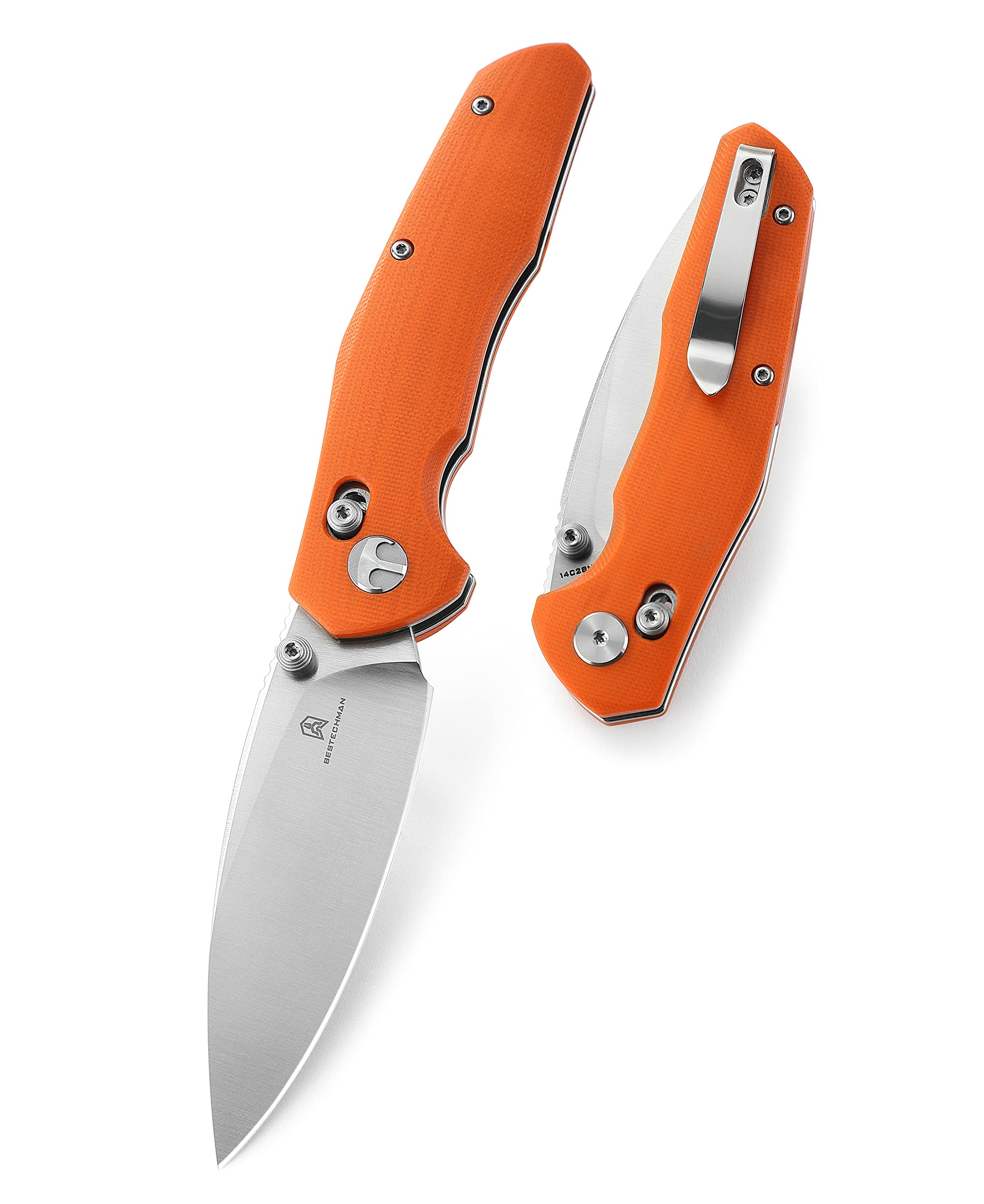 BESTECHMAN Ronan EDC Folding Knife Orange G10 Handle Pocket Knife, 14C28N Steel Thumb-Stud Outdoor Tools, BMK02C (Orange Handle)