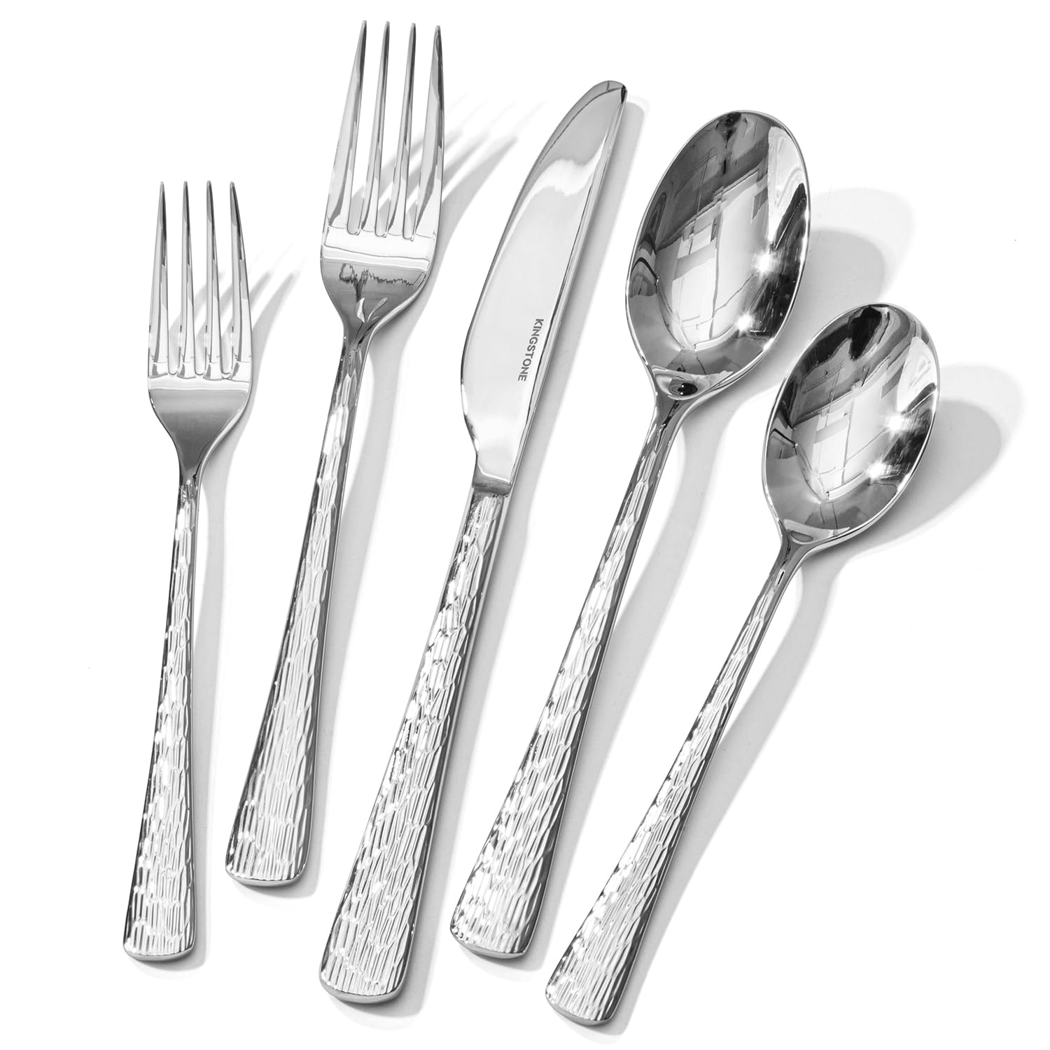 KINGSTONE Hammered Silverware Set, Flatware Set, 18/10 Stainless Steel Premium Cutlery with Unique Ripple Handles Design Mirror Polished - Dishwasher Safe (20-Piece)