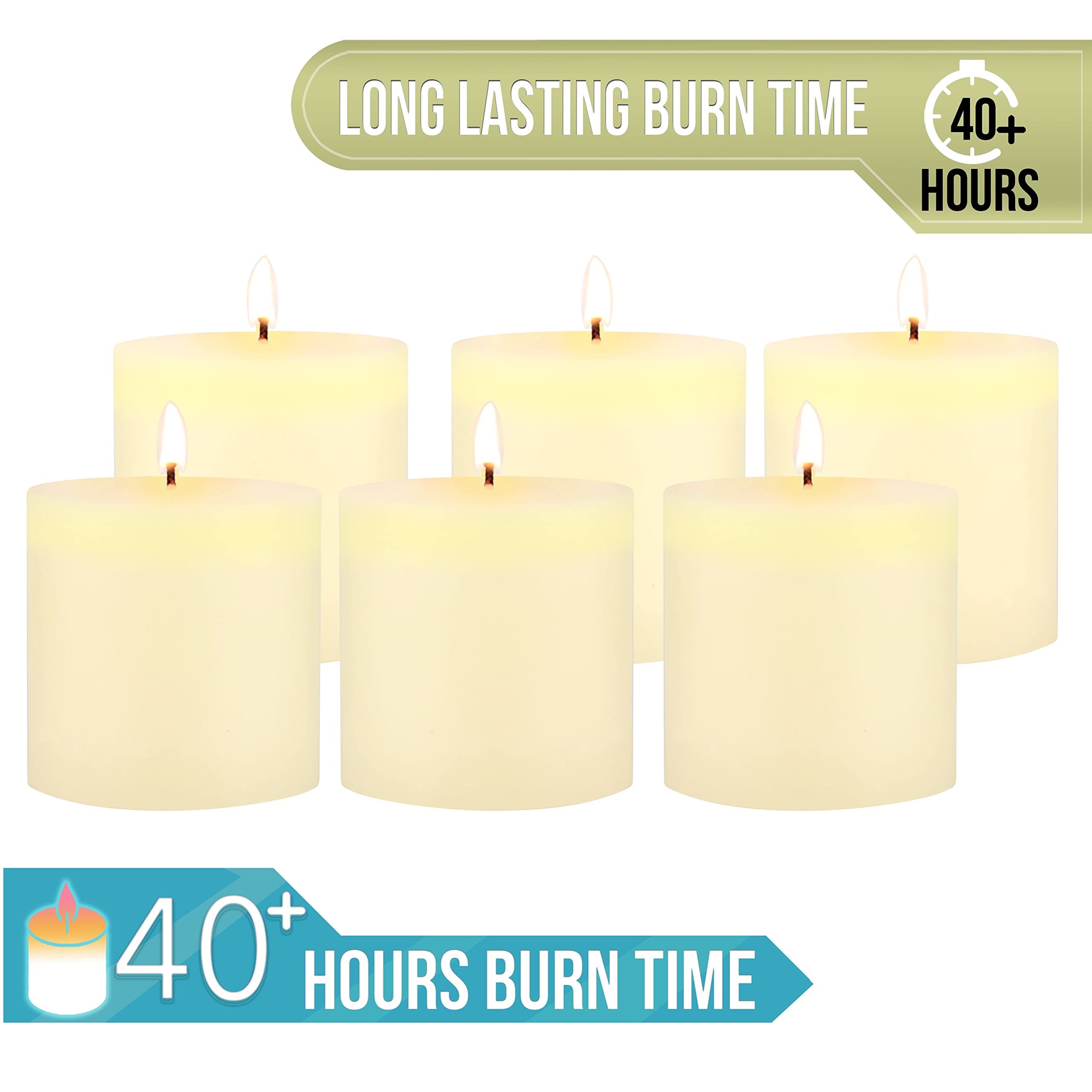 Stonebriar Tall 3 x 3 Inch 40 Hour Long Burning Unscented Wax Flat Top Pillar Candles, Ivory, 6 Pack