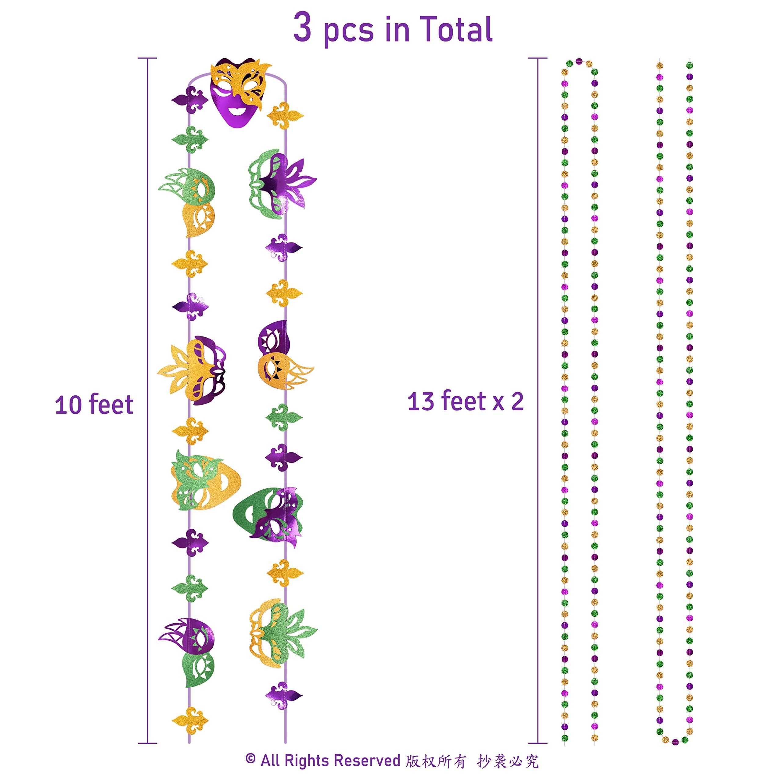 Cheerland Green Purple Gold Mardi Gars Mask Banner Paper Bead Garland Set for Mardi Gars Theme Party Decoration Triangle Flag Bunting for Fat Tuesday Party Supplies New Orleans Party Decor