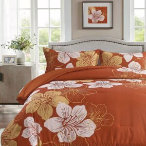 Menghomeus Terracotta Comforter Set King Gold Floral Bedding Burnt Orange Botanical Bedding Sets Lightweight Thanksgiving Bed Comforter Set (1 Comforter, 2 Pillowcases)