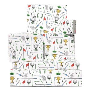 central 23 golf wrapping paper - 6 sheets white wrapping paper for men dad grandpa uncle - golf sports club - comes with stickers - recyclable - christmas wrapping paper sheets