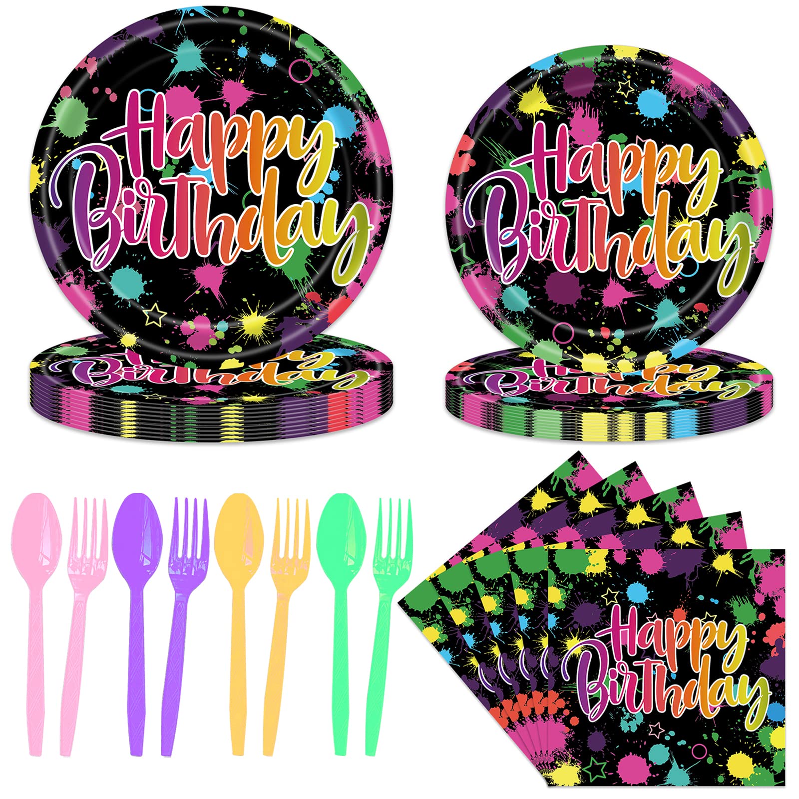 TeeFity 120 Pcs Neon Glow Birthday Party Tableware Set, Party Table Decorations Supplies Include 7 Inch and 9 Inch Paper Plates, Napkins and Forks Spoons for 24 Guests