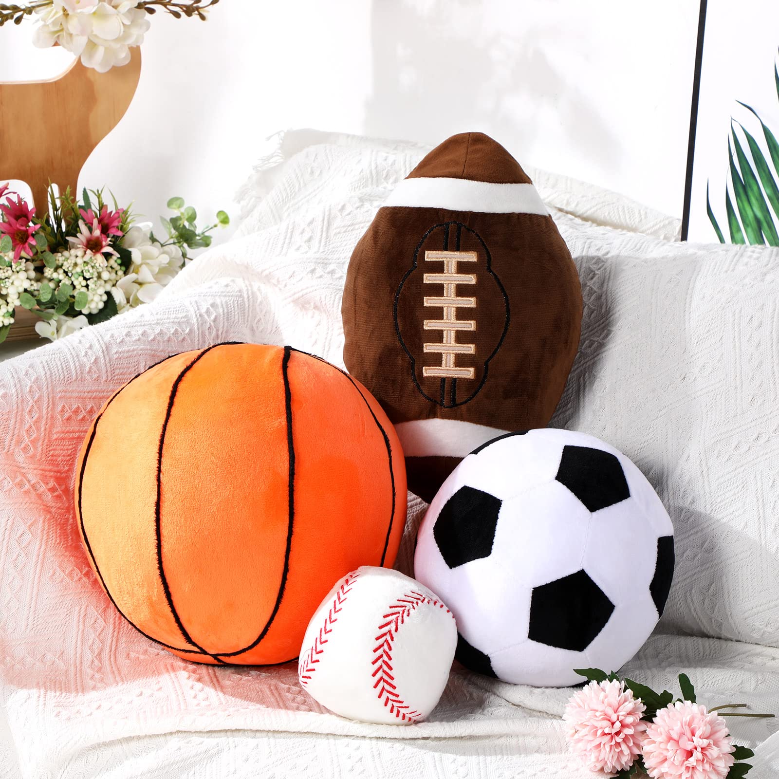 Sratte 4 Pcs Stuffed Sports Pillows Toy Set, Soft Plush Basketball Soccer Ball Football Baseball Pillow Sports Shaped Throw Pillows Cute Cushion Pillow for Room Bedroom Decor Indoor Gifts