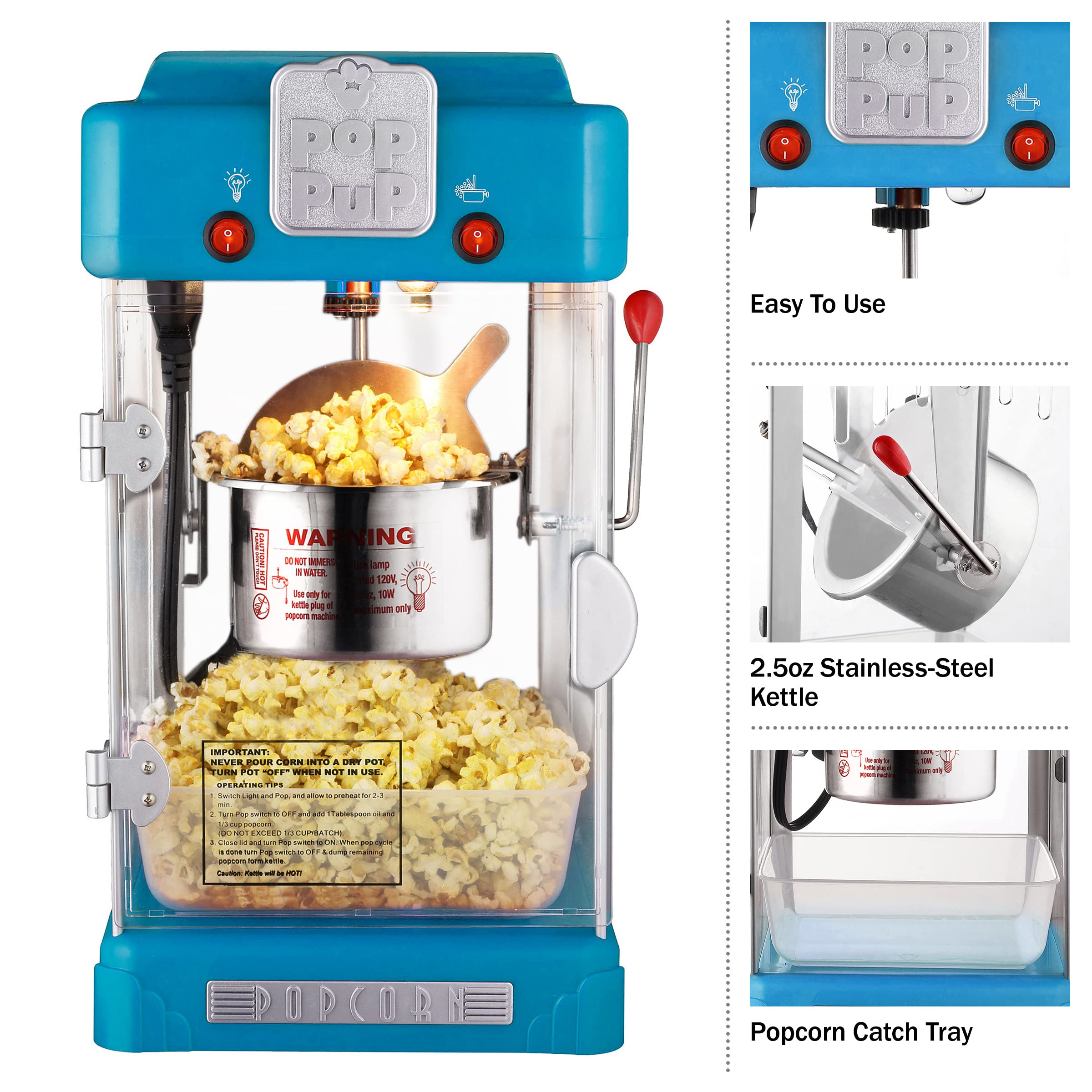 Pop Pup Popcorn Machine - 2.5oz Tabletop Movie Theater Popcorn Popper with Stainless-Steel Kettle and Serving Tray by Great Northern Popcorn (Blue)