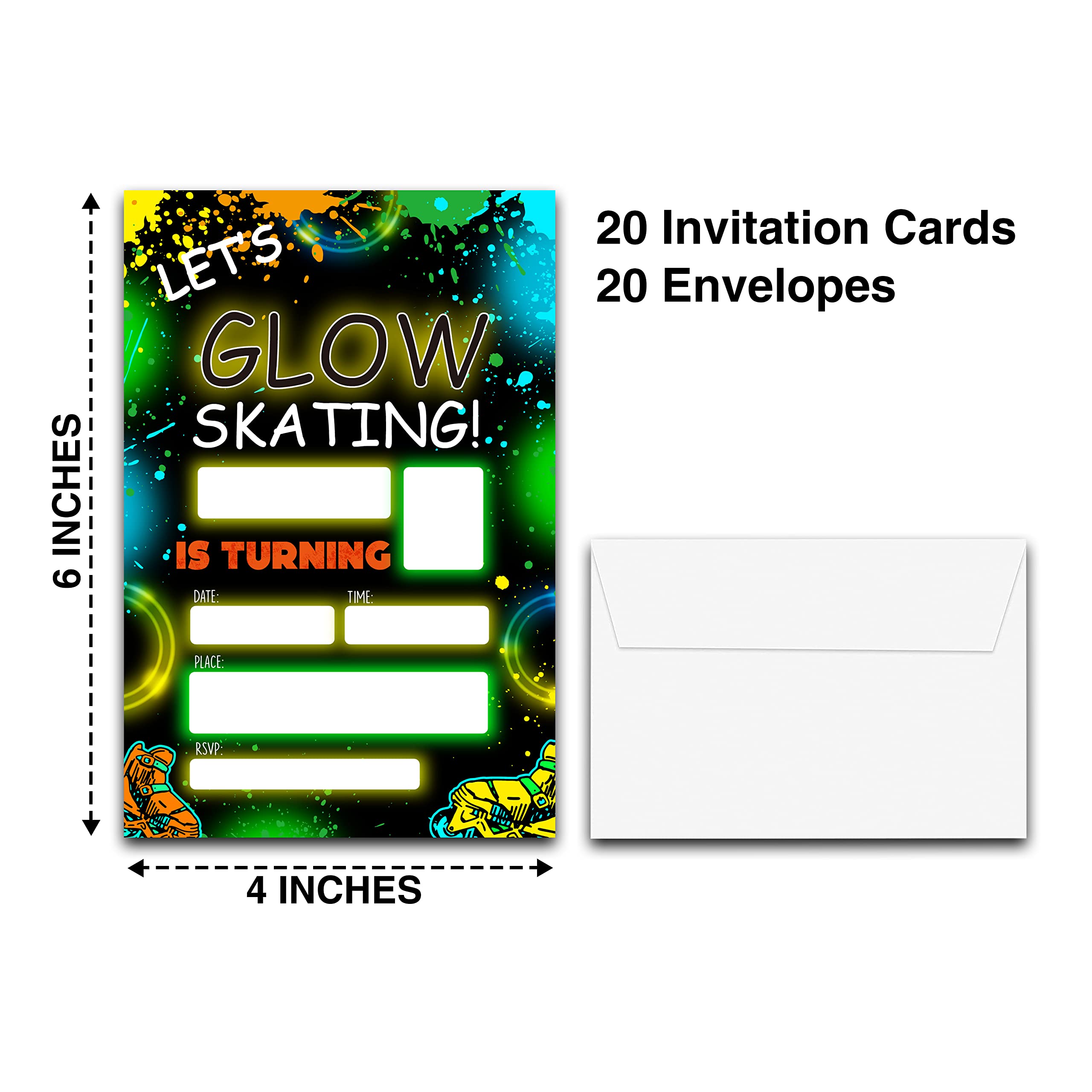 DETIHO 4" x 6" Glow Roller Skating Theme Birthday Party Invitation Cards With Envelopes - Let's Glow Skating - Neon Skate Party Invitation - 20 Sets - E41