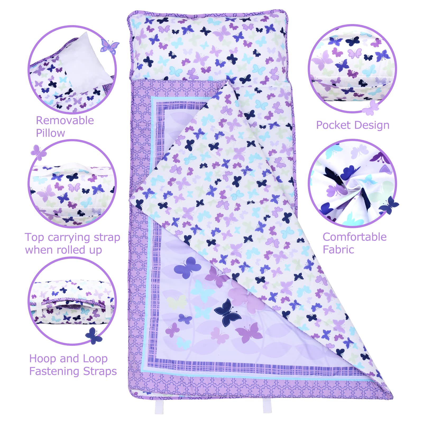 UOMNY Toddler Nap Mat Girls Kids Nap Mats with Removable Pillow and Blanket Butterfly Toddler Sleeping Bag for Preschool Daycare Purple Happy Napper Girls 50x20 Inch