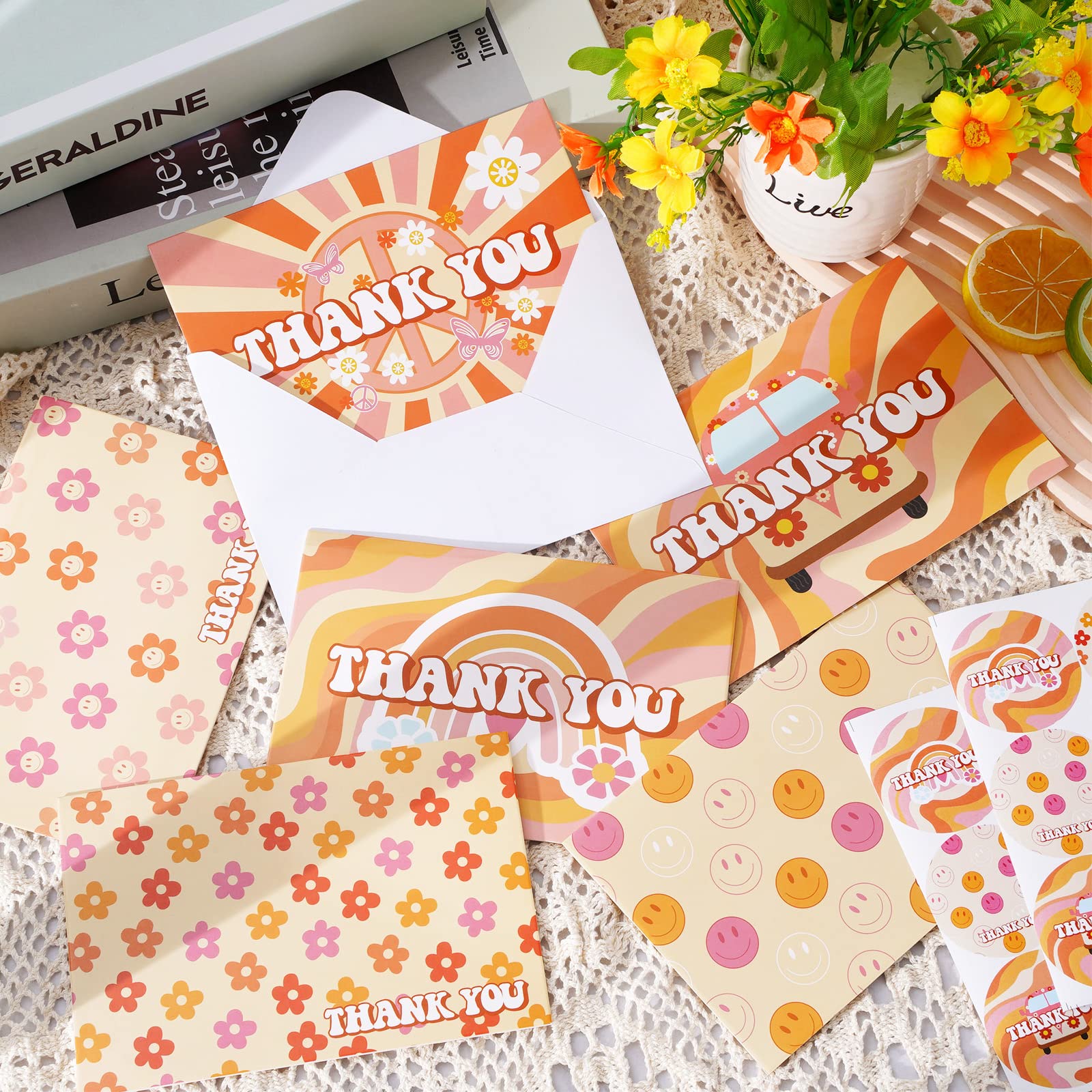 Whaline 36Pcs Groovy Retro Hippie Thank You Cards Thanksgiving Boho Floral Greeting Cards with Envelops and Stickers Rainbow Flower Note Card for Birthday Wedding Bridal Shower Party Decor, 4 x 6inch