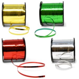 Gift Boutique Christmas Metallic Shiny Curling Ribbon 4 Pack Spool Rolls Green Red Gold & Silver Curly Balloon String Ribbons, Xmas Gift Wrapping Florist Party Crafts Supply Decor, 350 Yards Per Roll