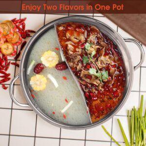 Stainless steel pot with divider, two-flavor separation induction cooker, double-sided soup cooker double-flavor Chinese shabu-shabu, suitable for family gatherings(34CM)