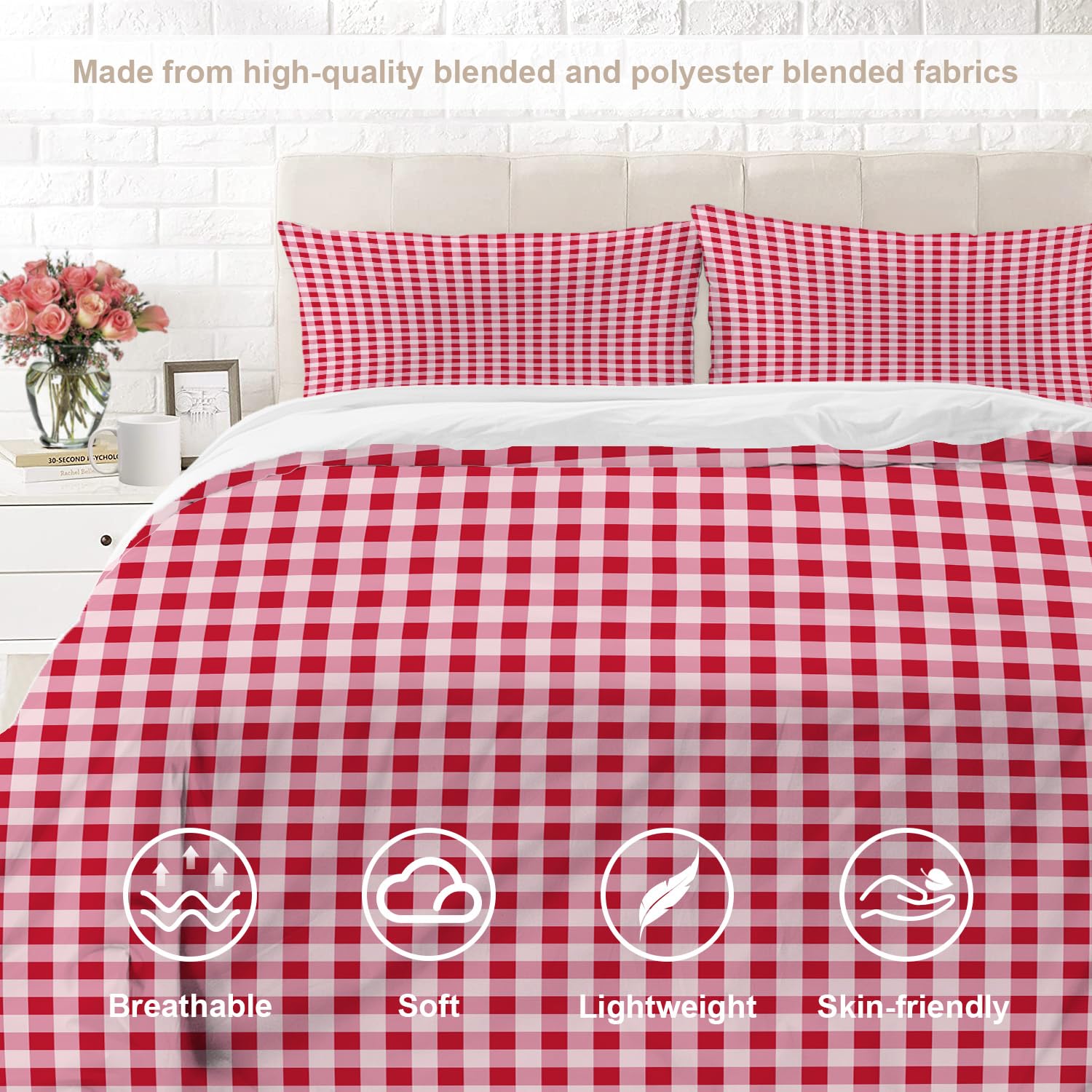 BaoNews Red White Gingham Duvet Cover Set Twin Size,3 Pieces Square Red Tablecloth Plaid Blanket Bedding Set Hotel Quality 100% Cotton Comforter Cover Set with 2 Pillowcases(No Filler)