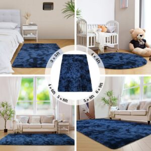 duduta Navy Blue Soft Fluffy Rectangle Rug 3x5 ft, Tie-Dyed Shag Furry Plush Throw Rug for Bedroom Nursery Living Room Home Decor