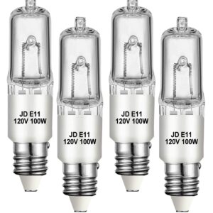 4 Pack JDE11 Bulb,120V 100W Halogen Candelabra Bulbs,T4 Mini Base JD E11 Bulb ,Dimmable 2700K Warm White（Replacement E11 LED bulb）,for Chandeliers,Candelabra,Ceiling Fan, Table Lamps, Cabinet Lighting