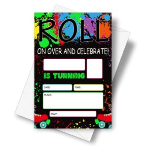 detiho 4" x 6" roller skating birthday party invitation cards with envelopes - roll on over and celebrate - neon glow skate party invitation - 20 sets - e51