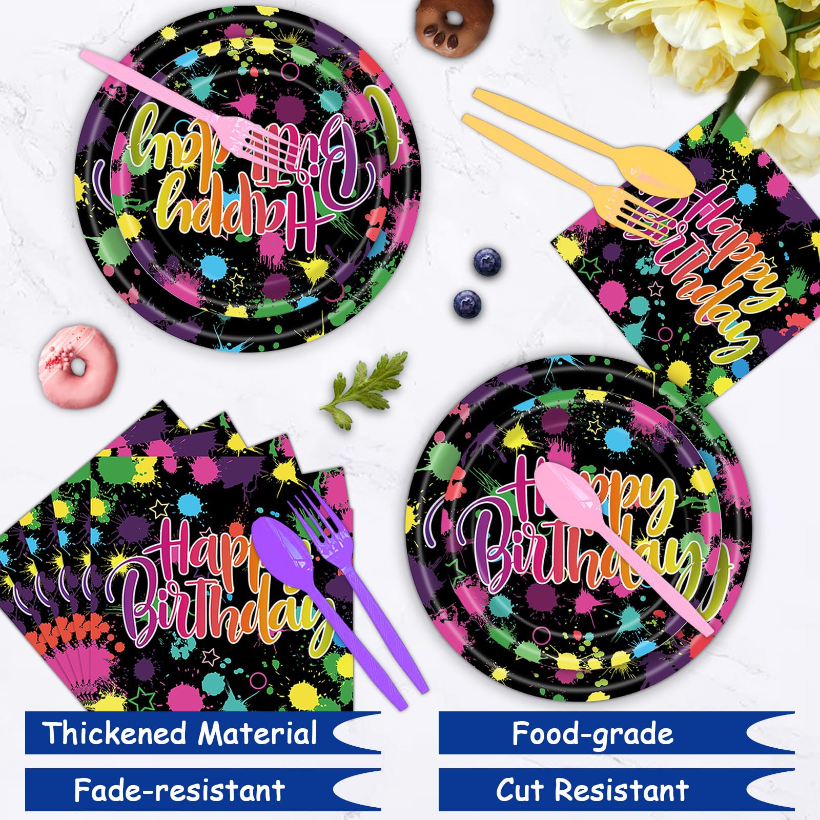 TeeFity 120 Pcs Neon Glow Birthday Party Tableware Set, Party Table Decorations Supplies Include 7 Inch and 9 Inch Paper Plates, Napkins and Forks Spoons for 24 Guests