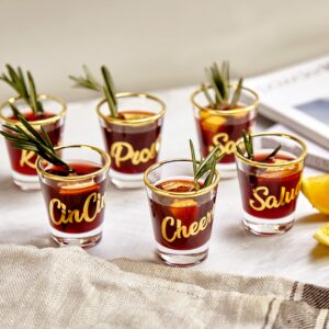 World of Cheers Europe Series, Set of 6 cute shot glasses bulk (1.5oz / 50ml) Heavy Base Shot Glasses Set, Detailed with Gold Rim shot glass, and Typography, an Uplifting Barware Collection