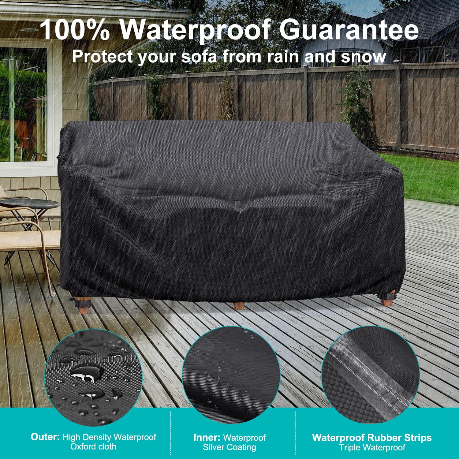 Heavy Duty Patio Sofa Cover, Waterproof 3-Seater Outdoor Sofa Cover Patio Furniture Covers for Outdoor Furniture Loveseat Couch, 90.5" L×34" D×32" H, Black